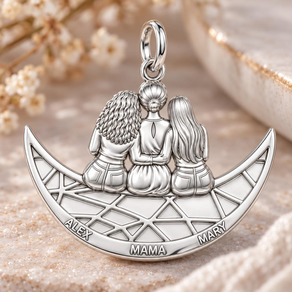 Crescent Moon Motherhood Charm Bracelet – Personalized Mom Gift – macro detail of the charm