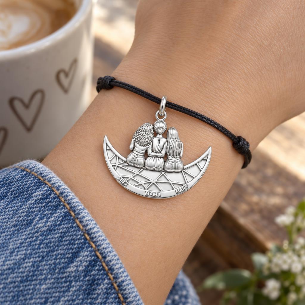 Crescent Moon Motherhood Charm Bracelet – Personalized Mom Gift – worn on the wrist on a black cord bracelet