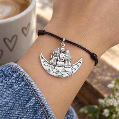 Crescent Moon Motherhood Charm Bracelet – Personalized Mom Gift – worn on the wrist on a black cord bracelet