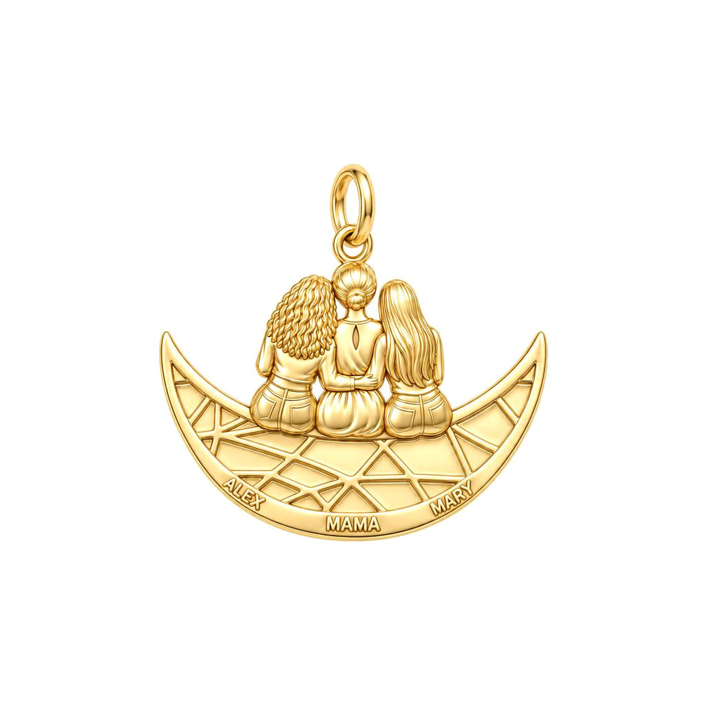 Crescent Moon Motherhood Charm Bracelet – Personalized Mom Gift – 18K gold plated 3 cm charm, front view