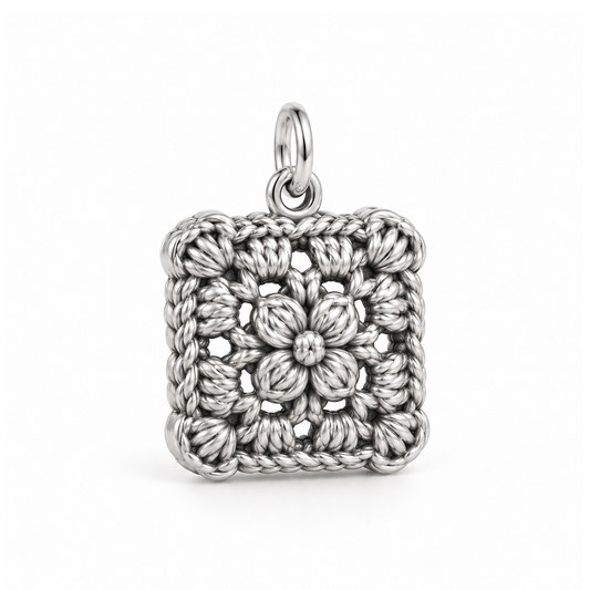 Crochet Flower Square Charm — Silver | charm-topics-remaining-444-2026-09-14 | topic-095