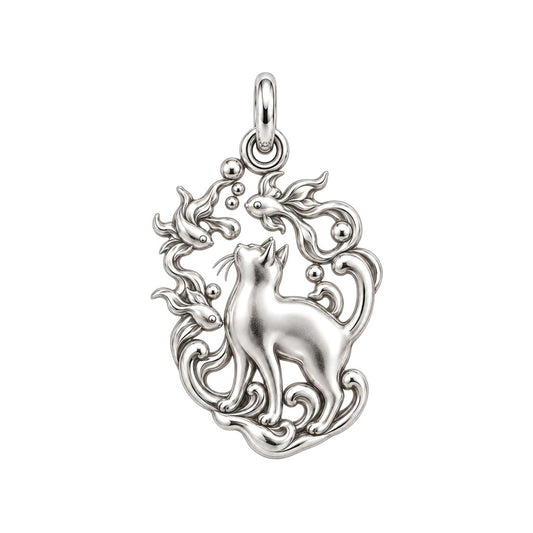 Curious Cat and Goldfish Charm Bracelet – Personalized Cat Mom Gift – silver charm, front view
