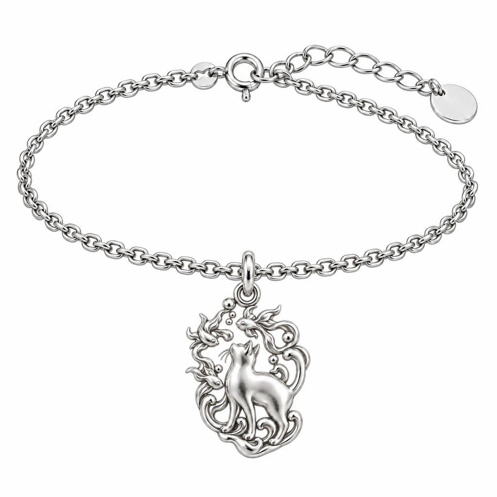 Curious Cat and Goldfish Charm Bracelet Set – silver, front view
