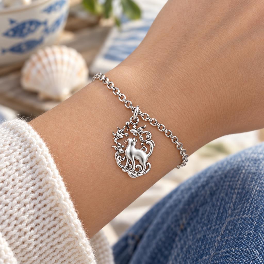 Curious Cat and Goldfish Charm Bracelet Set – worn / in use
