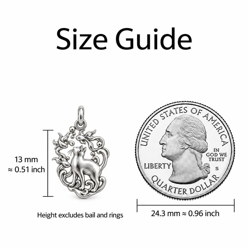 Curious Cat and Goldfish Charm Bracelet Set – size guide, 13 mm charm next to a quarter