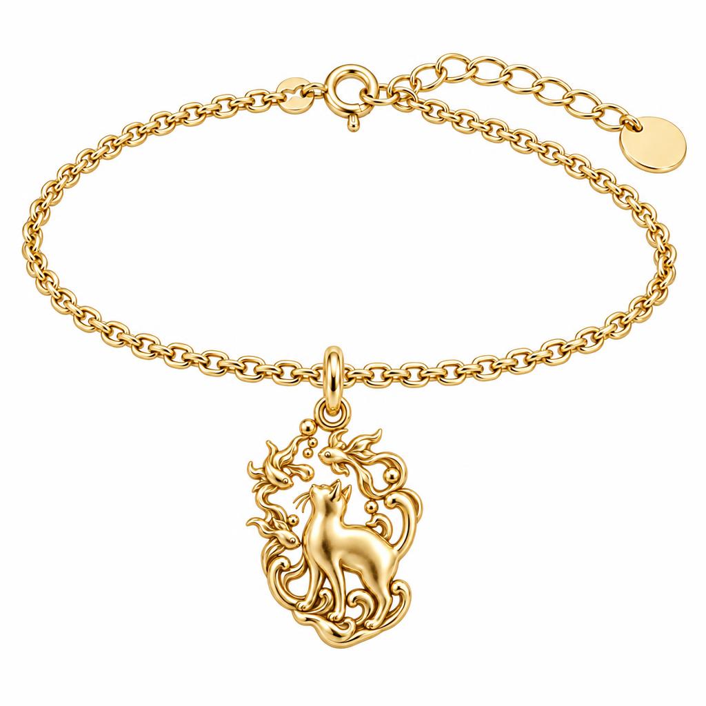 Curious Cat and Goldfish Charm Bracelet Set – 18K gold, front view