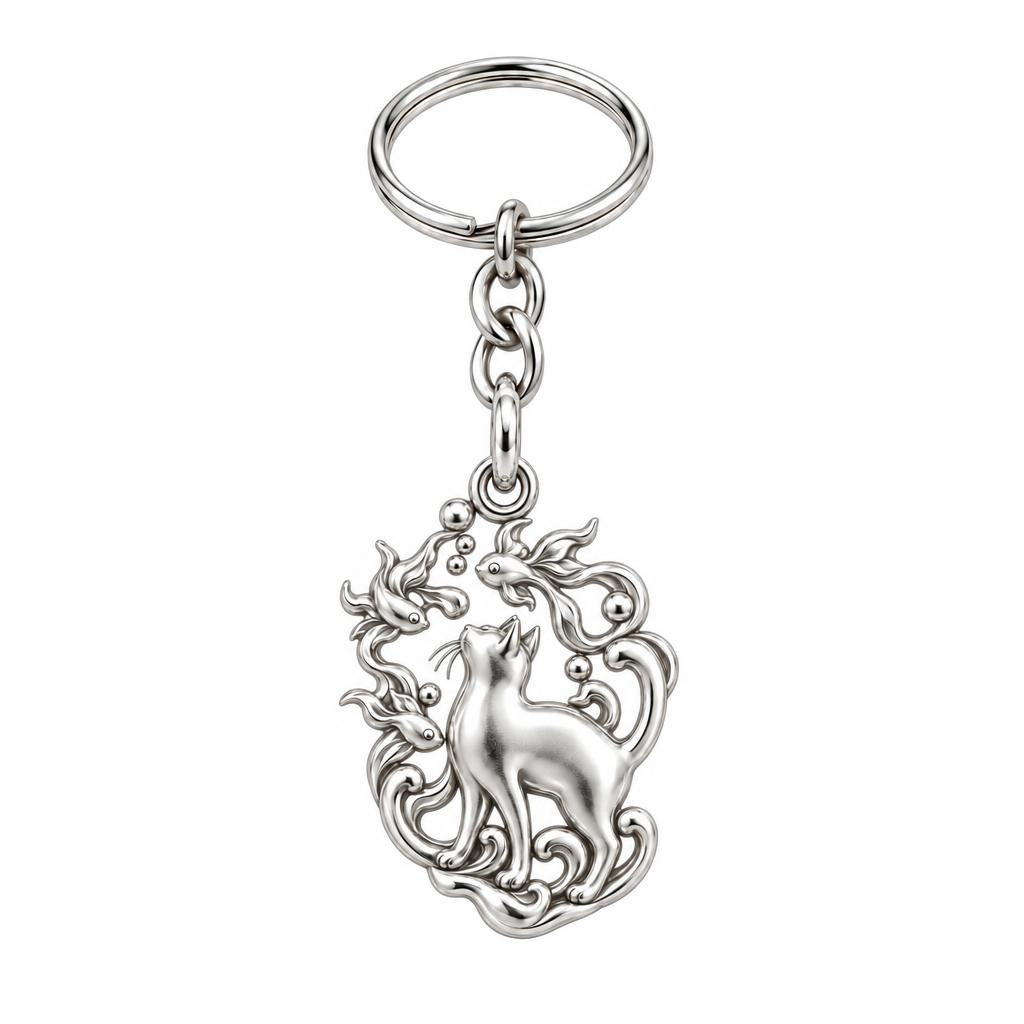 Curious Cat and Goldfish Charm Keychain – silver, front view