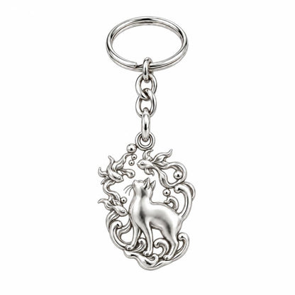 Curious Cat and Goldfish Charm Keychain – silver, front view