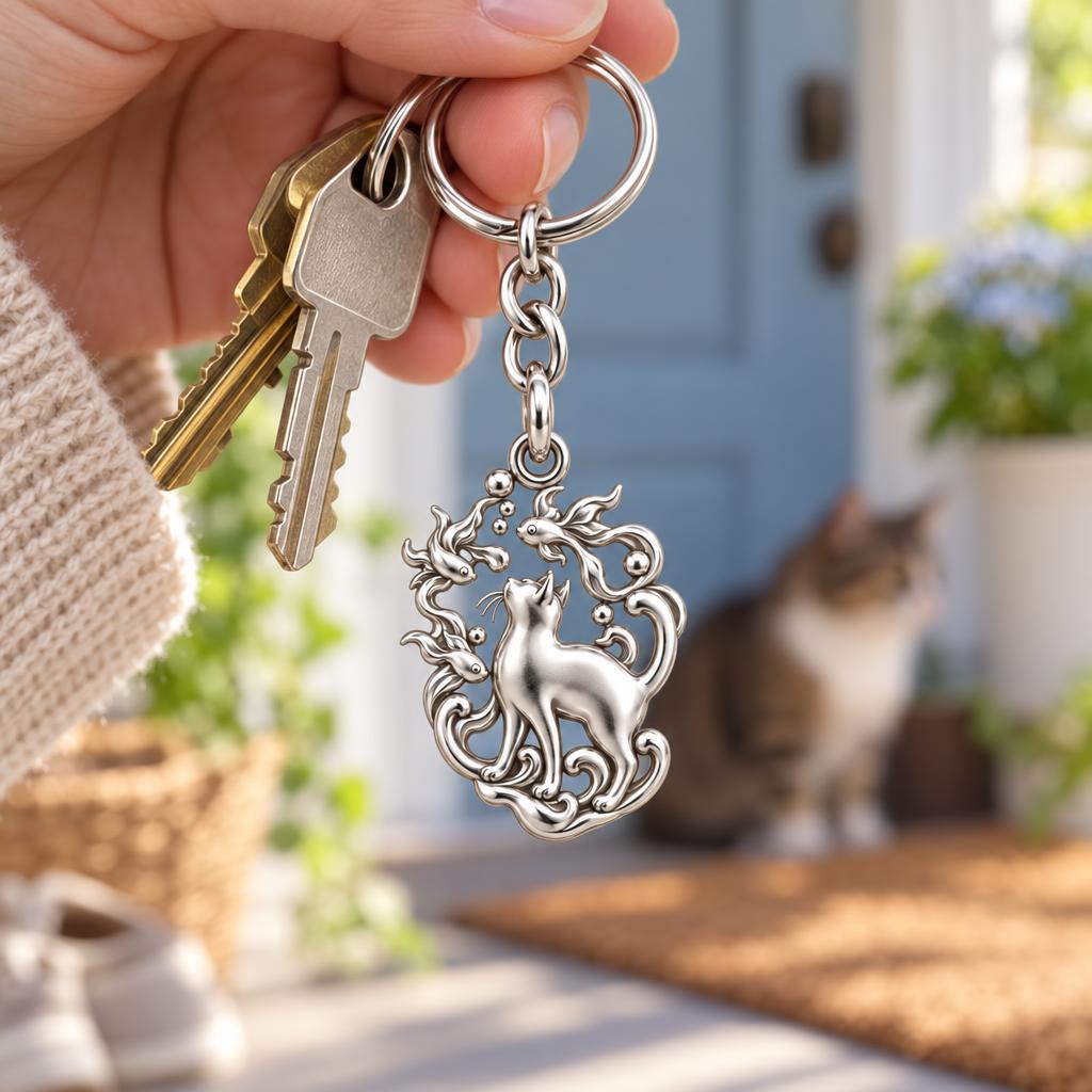 Curious Cat and Goldfish Charm Keychain – worn / in use