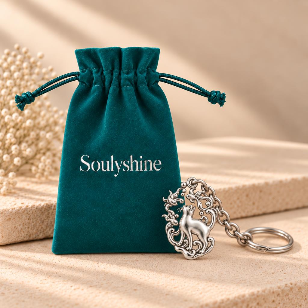 Curious Cat and Goldfish Charm Keychain – Soulyshine velvet gift pouch