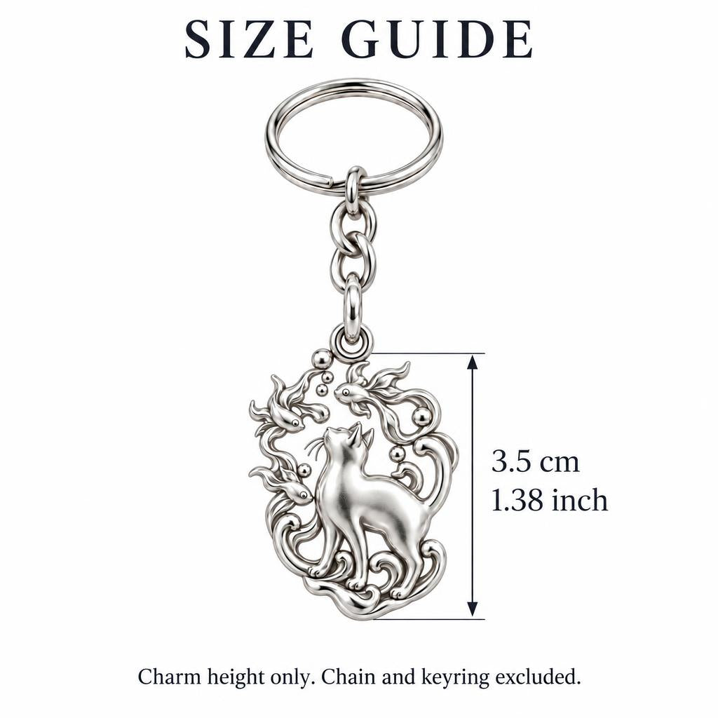 Curious Cat and Goldfish Charm Keychain – size guide, 3.5 cm (1.38 in) charm, chain and keyring excluded