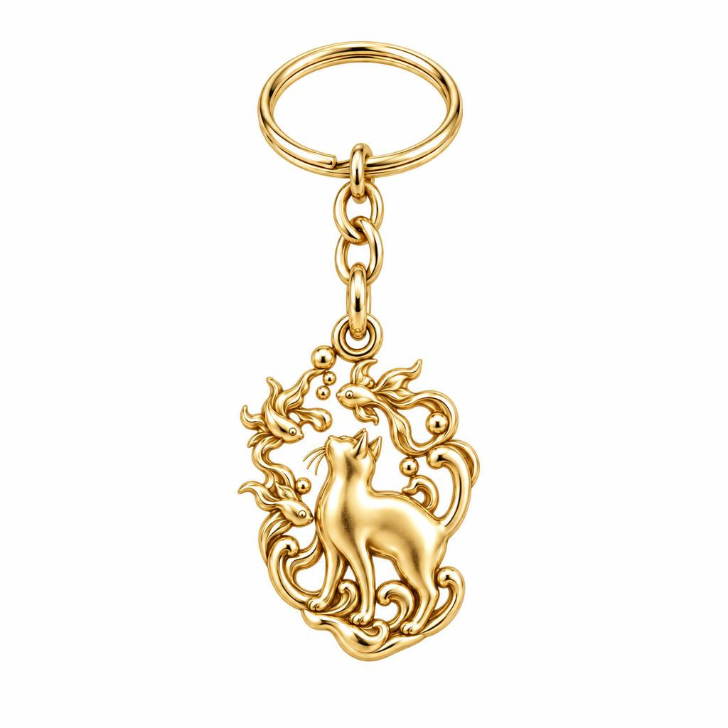 Curious Cat and Goldfish Charm Keychain – 18K gold, front view