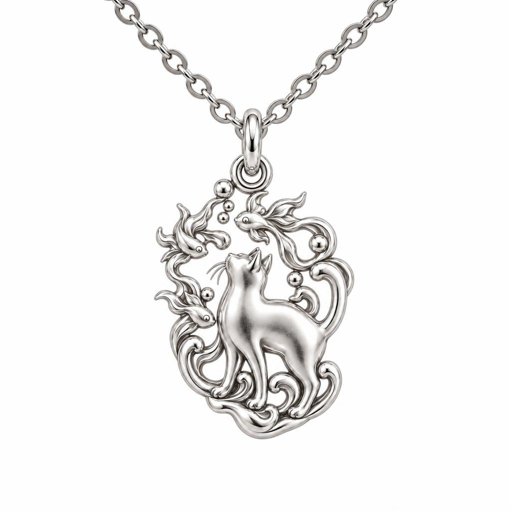 Curious Cat and Goldfish Charm Necklace Set – silver, front view