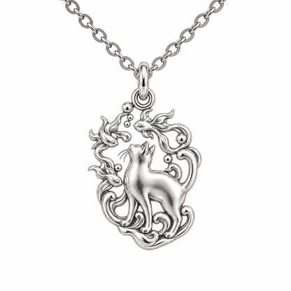 Curious Cat and Goldfish Charm Necklace Set – silver, front view