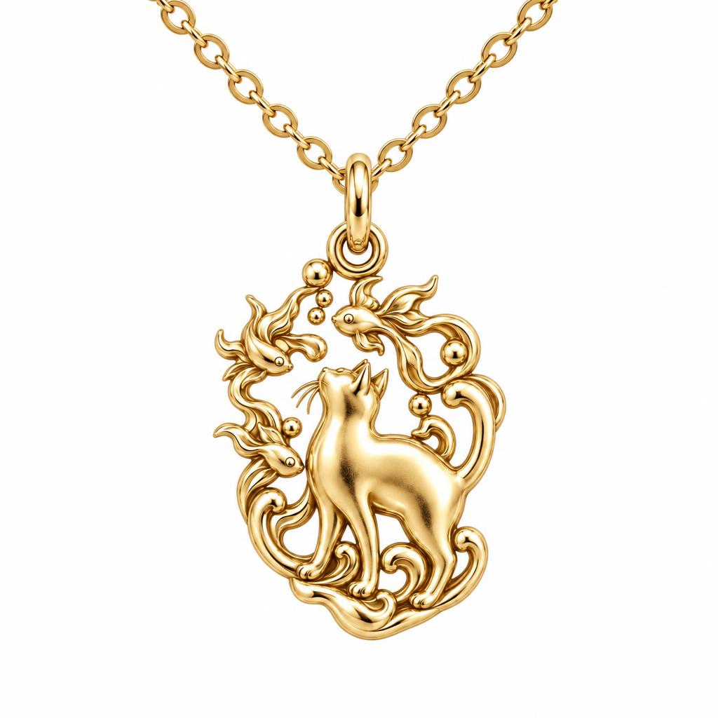 Curious Cat and Goldfish Charm Necklace Set – 18K gold, front view