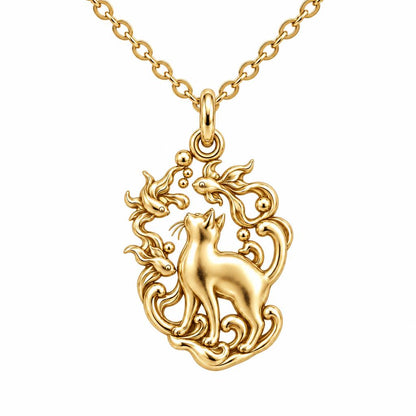 Curious Cat and Goldfish Charm Necklace Set – 18K gold, front view