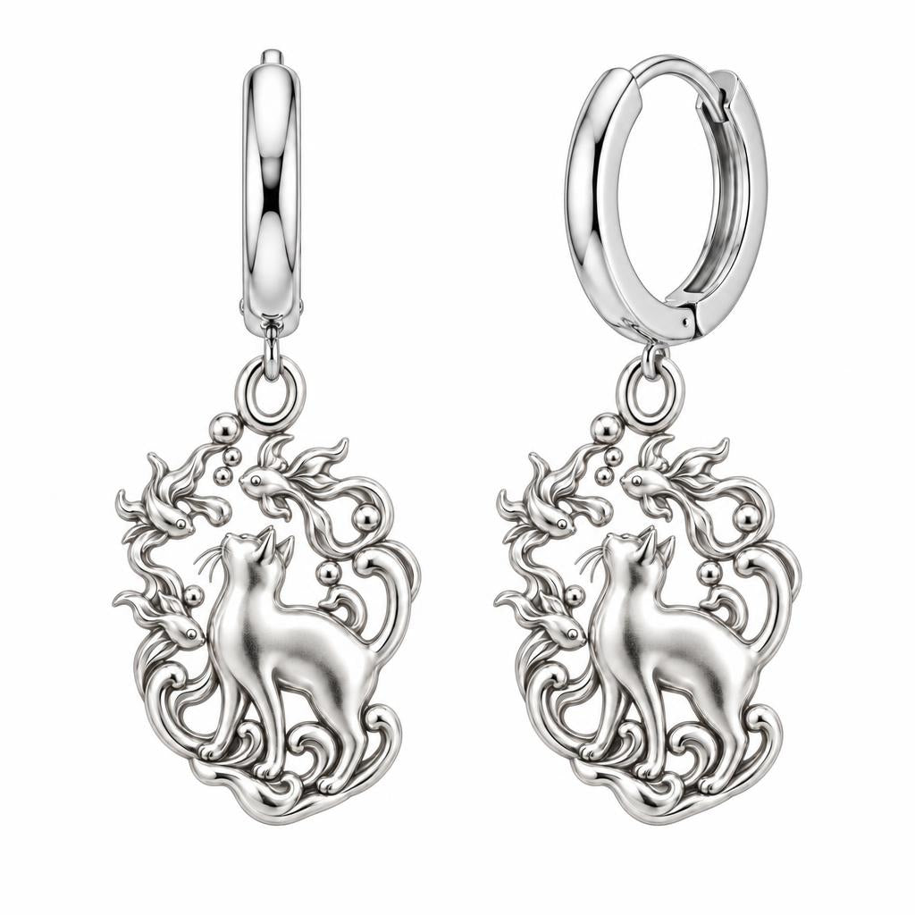 Curious Cat and Goldfish Huggie Charm Earrings – silver, front view