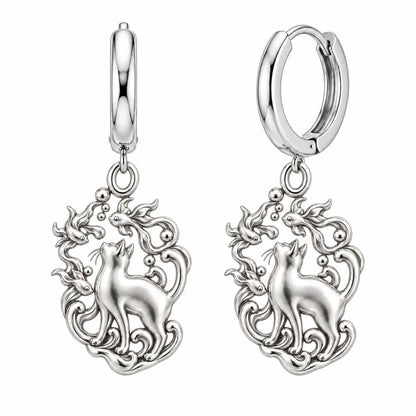Curious Cat and Goldfish Huggie Charm Earrings – silver, front view
