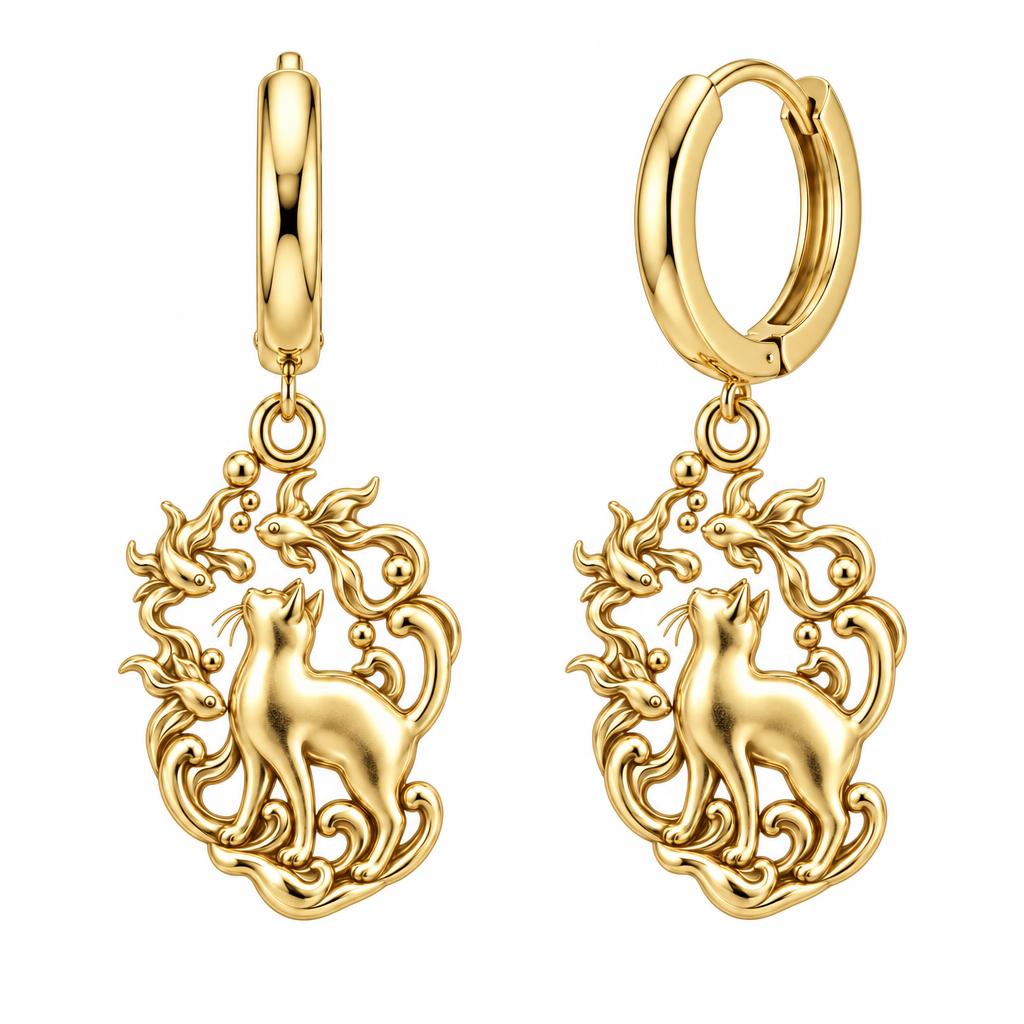 Curious Cat and Goldfish Huggie Charm Earrings – 18K gold, front view