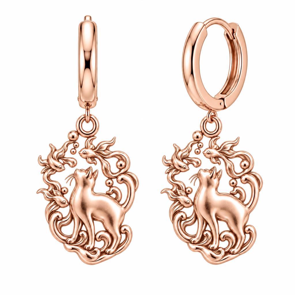 Curious Cat and Goldfish Huggie Charm Earrings – rose gold, front view
