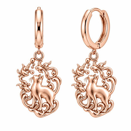 Curious Cat and Goldfish Huggie Charm Earrings – rose gold, front view