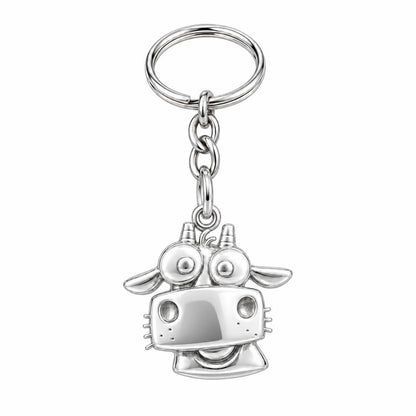 Curious Farm Cow Charm Keychain – silver, front view