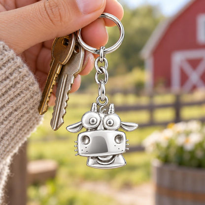 Curious Farm Cow Charm Keychain – worn / in use