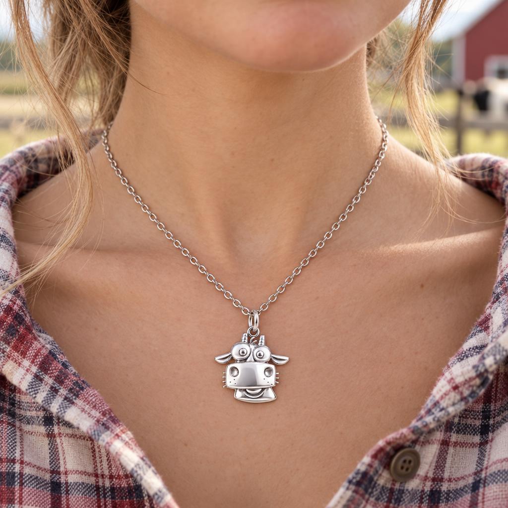 Curious Farm Cow Charm Necklace Set – worn / in use