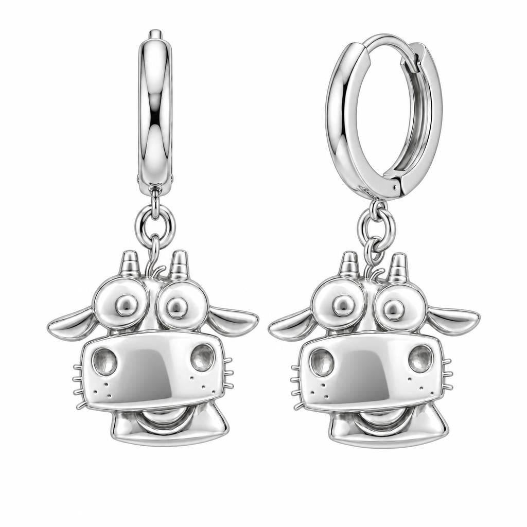 Curious Farm Cow Huggie Charm Earrings – silver, front view
