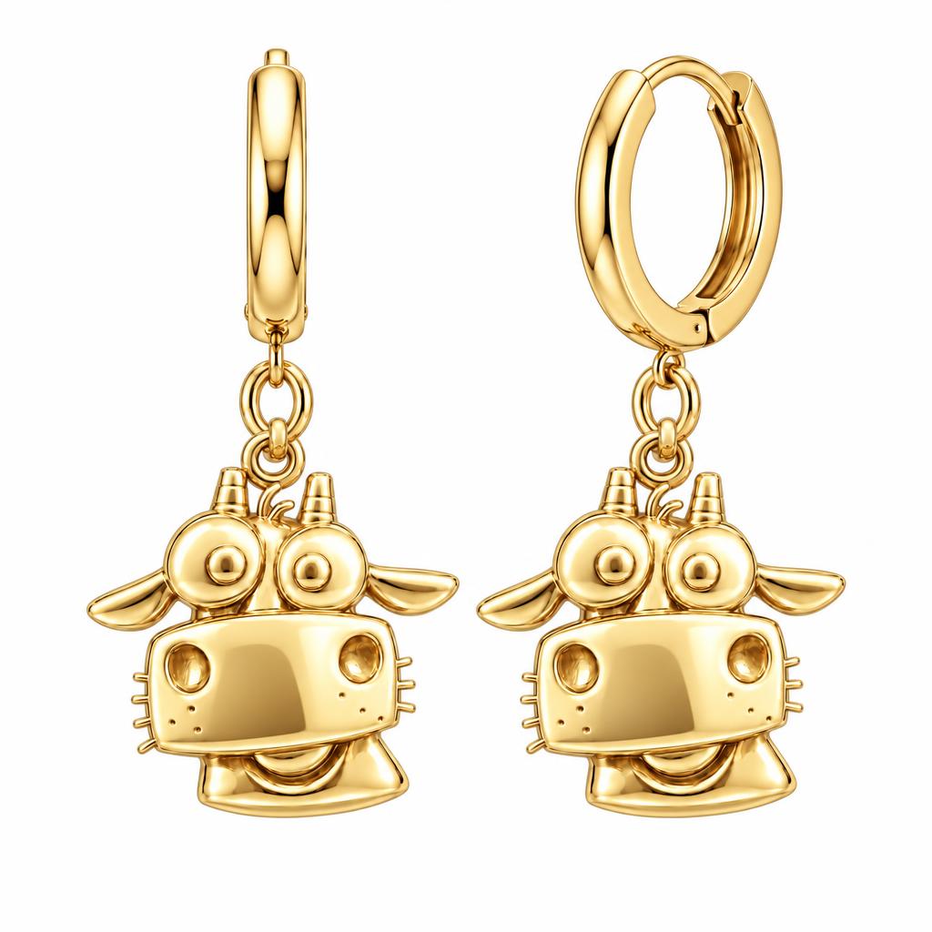 Curious Farm Cow Huggie Charm Earrings – 18K gold, front view