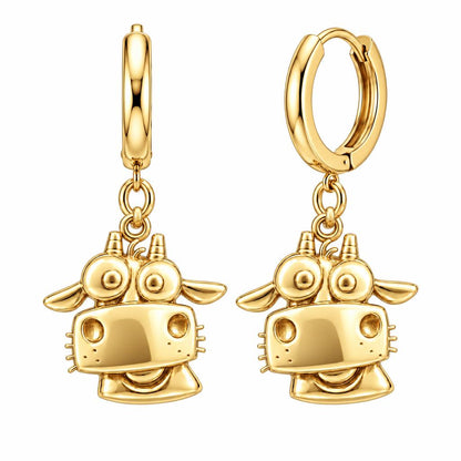 Curious Farm Cow Huggie Charm Earrings – 18K gold, front view