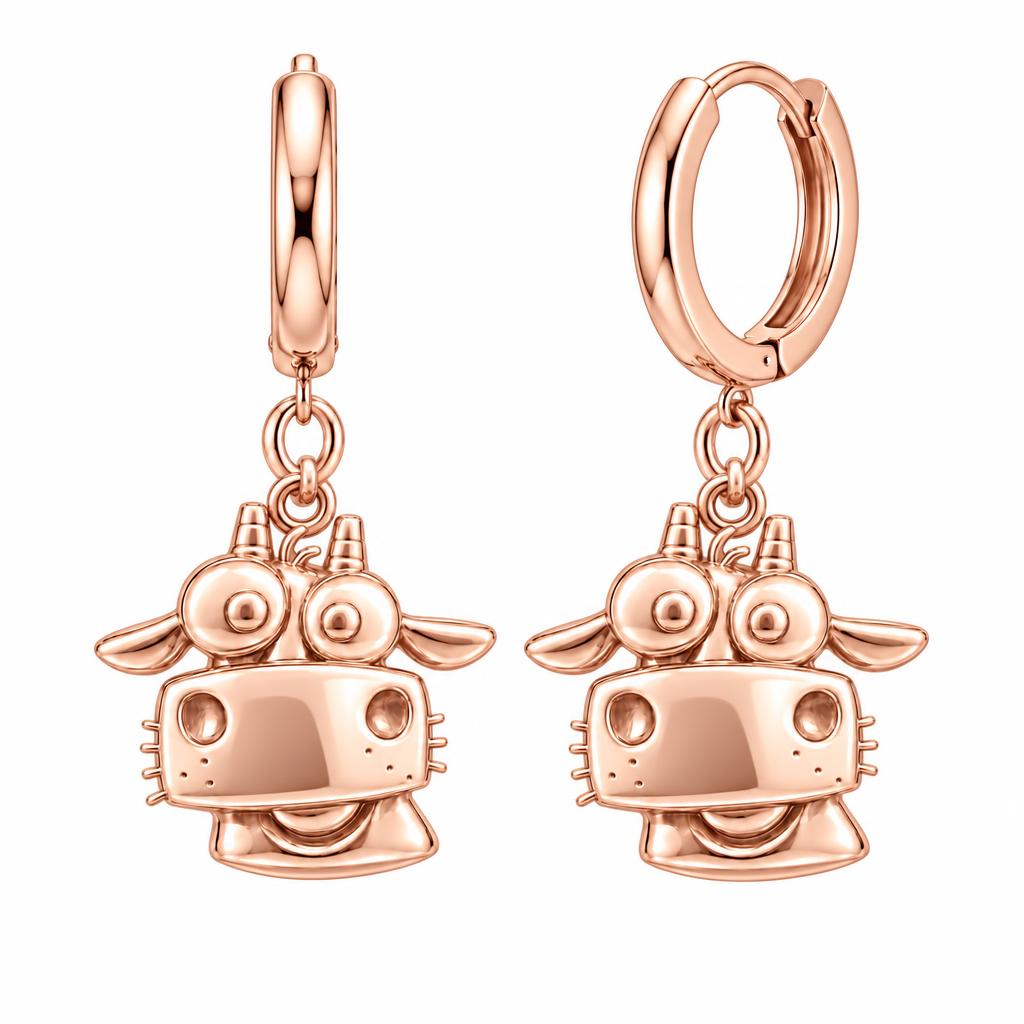 Curious Farm Cow Huggie Charm Earrings – rose gold, front view