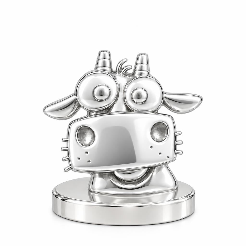 Curious Farm Cow Keepsake Plaque – silver, front view