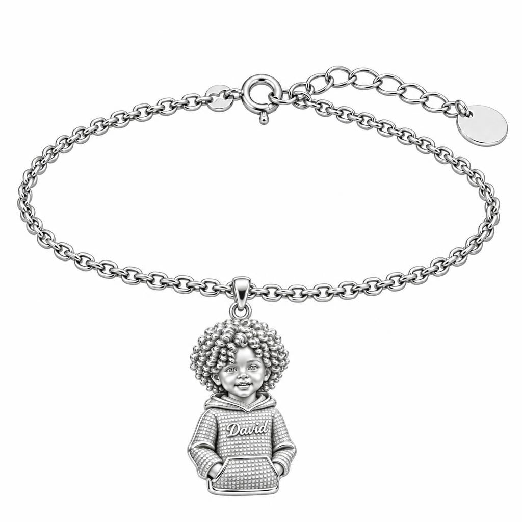 Curly Haired Sweetheart Charm Bracelet Set – silver, front view