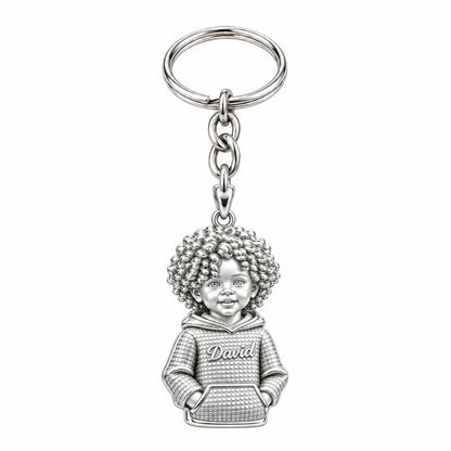 Curly Haired Sweetheart Charm Keychain – silver, front view