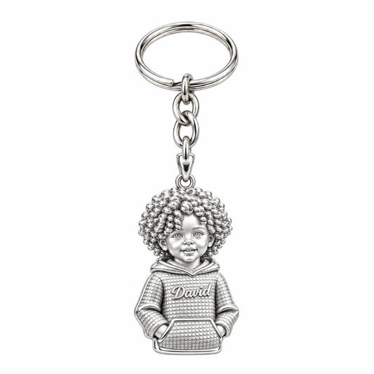 Curly Haired Sweetheart Charm Keychain – silver, front view