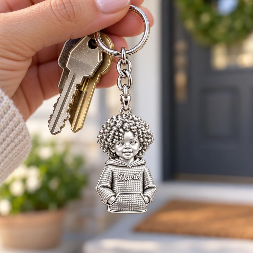 Curly Haired Sweetheart Charm Keychain – worn / in use