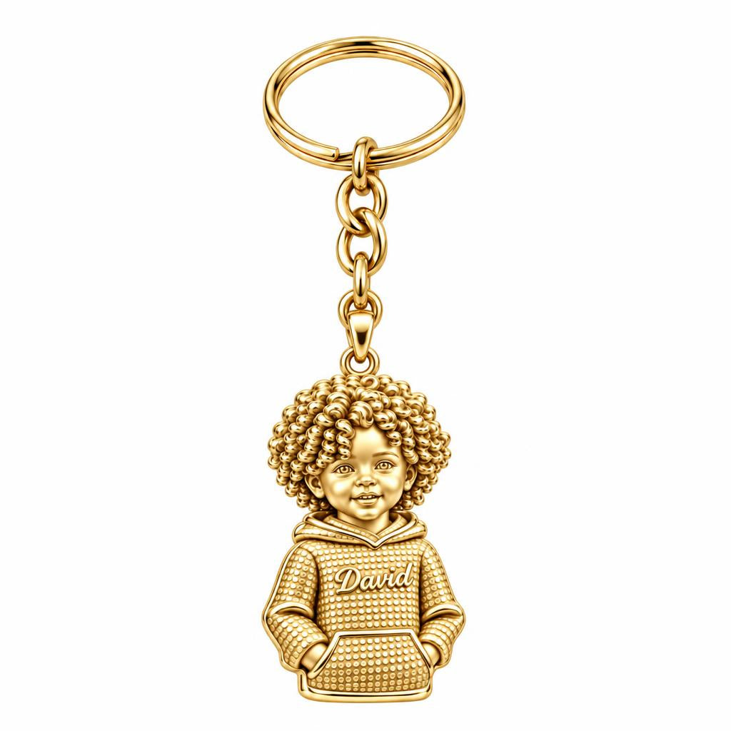 Curly Haired Sweetheart Charm Keychain – 18K gold, front view