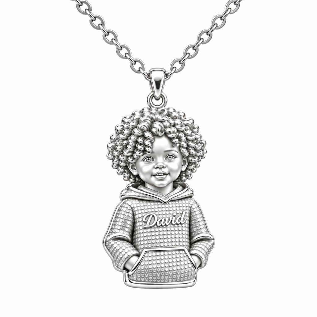Curly Haired Sweetheart Charm Necklace Set – silver, front view