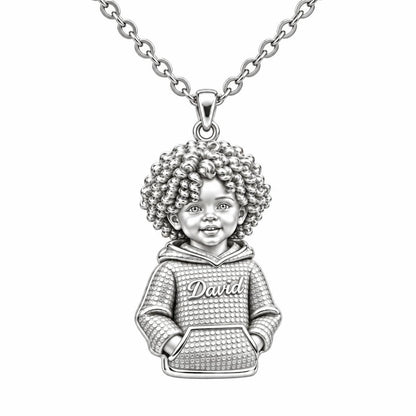 Curly Haired Sweetheart Charm Necklace Set – silver, front view