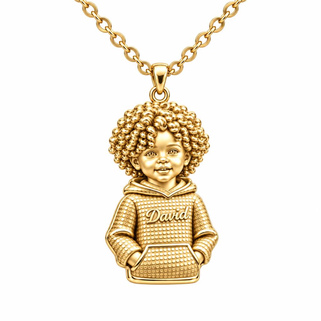 Curly Haired Sweetheart Charm Necklace Set – 18K gold, front view