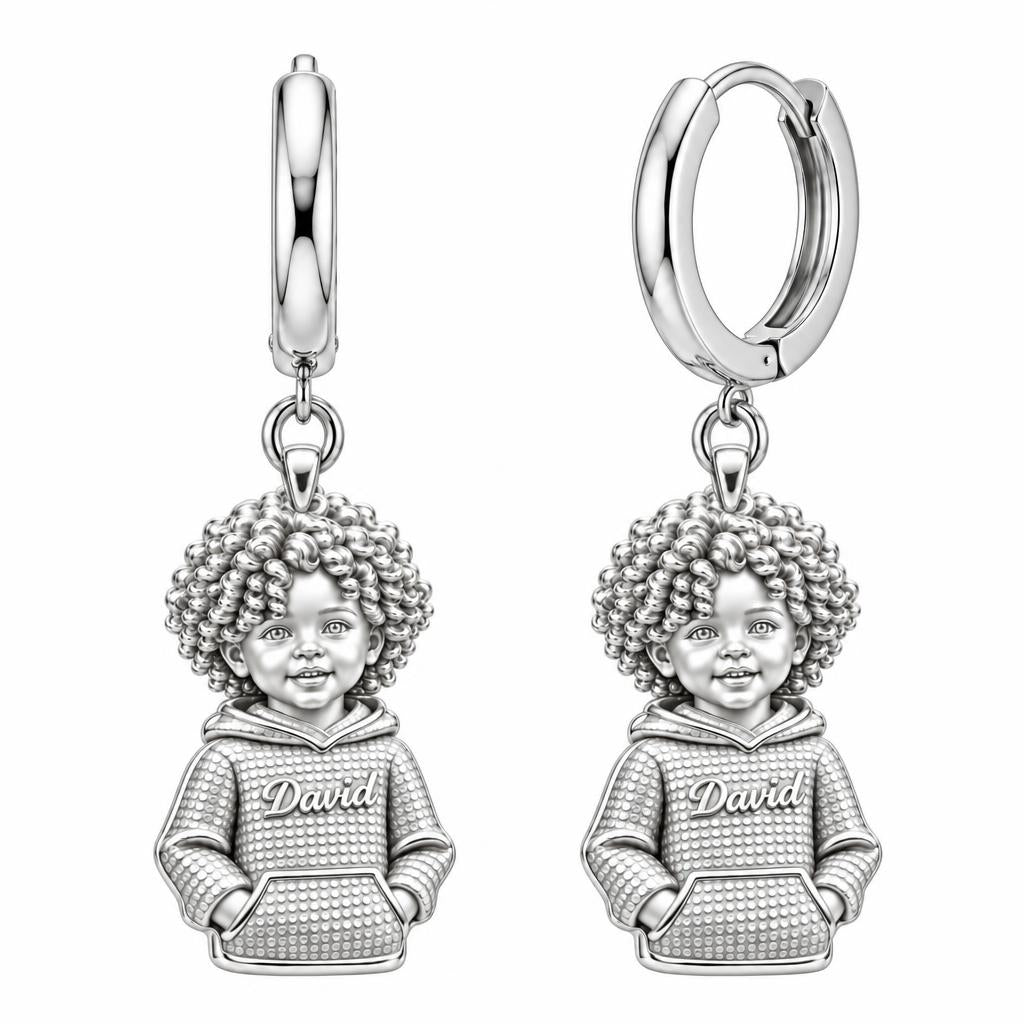 Curly Haired Sweetheart Huggie Charm Earrings – silver, front view