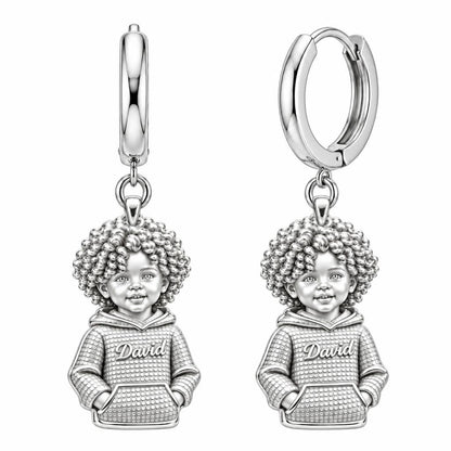 Curly Haired Sweetheart Huggie Charm Earrings – silver, front view