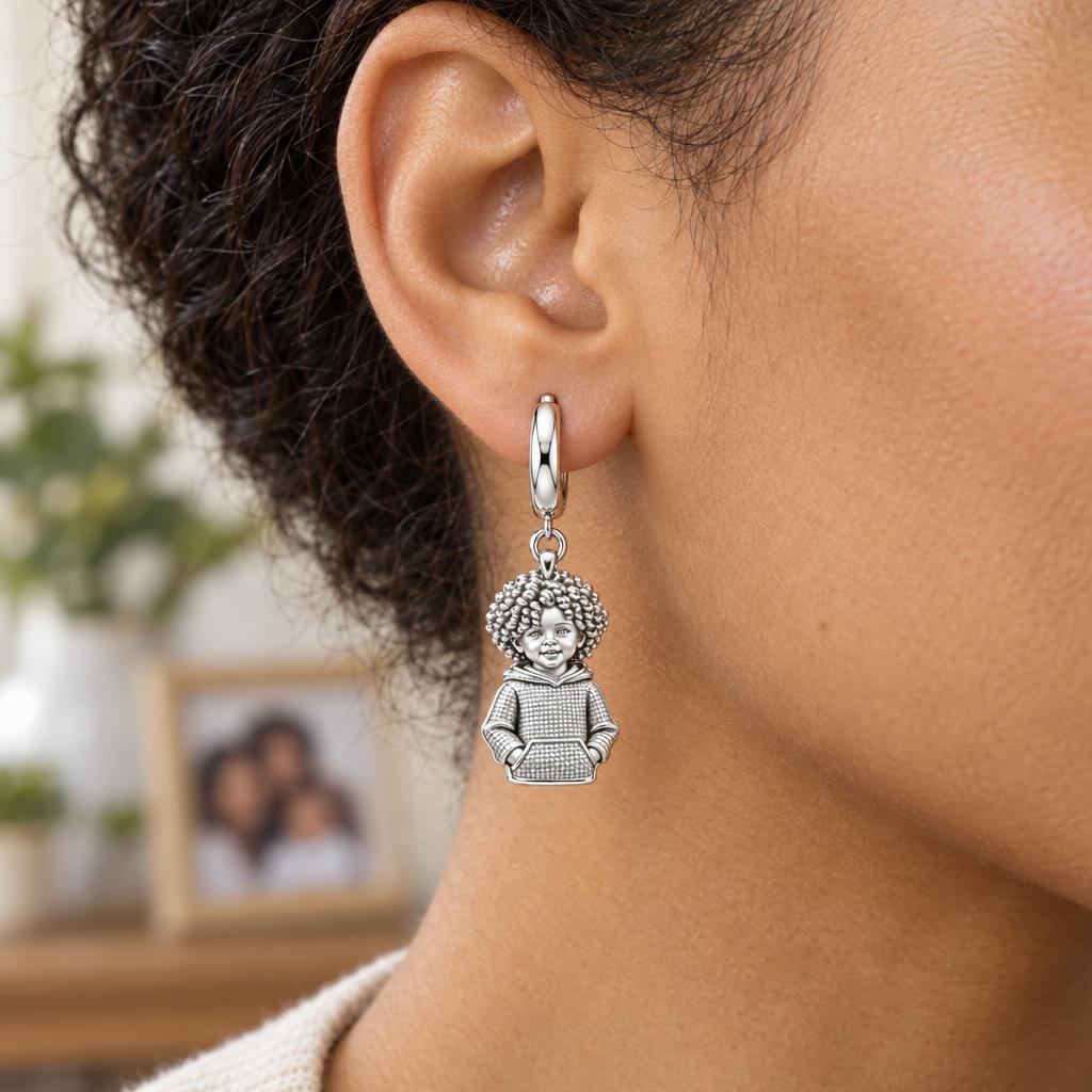 Curly Haired Sweetheart Huggie Charm Earrings – worn / in use