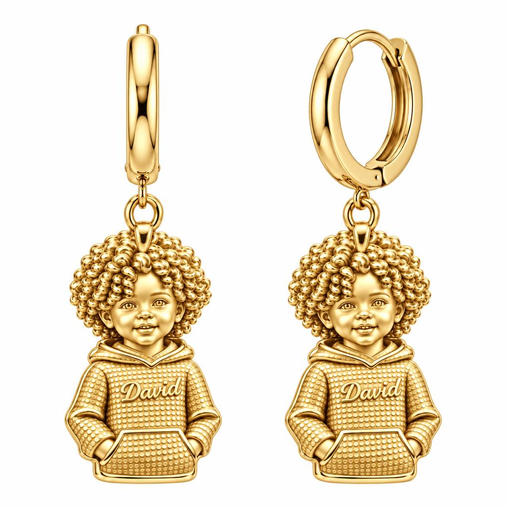 Curly Haired Sweetheart Huggie Charm Earrings – 18K gold, front view