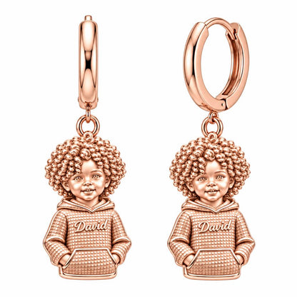 Curly Haired Sweetheart Huggie Charm Earrings – rose gold, front view