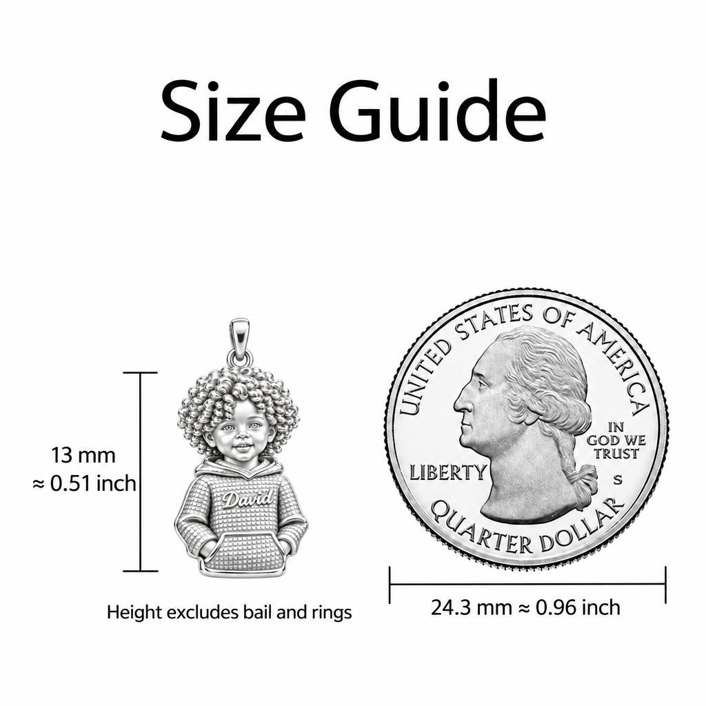 Curly Haired Sweetheart Keepsake Plaque – size guide, 13 mm charm next to a quarter