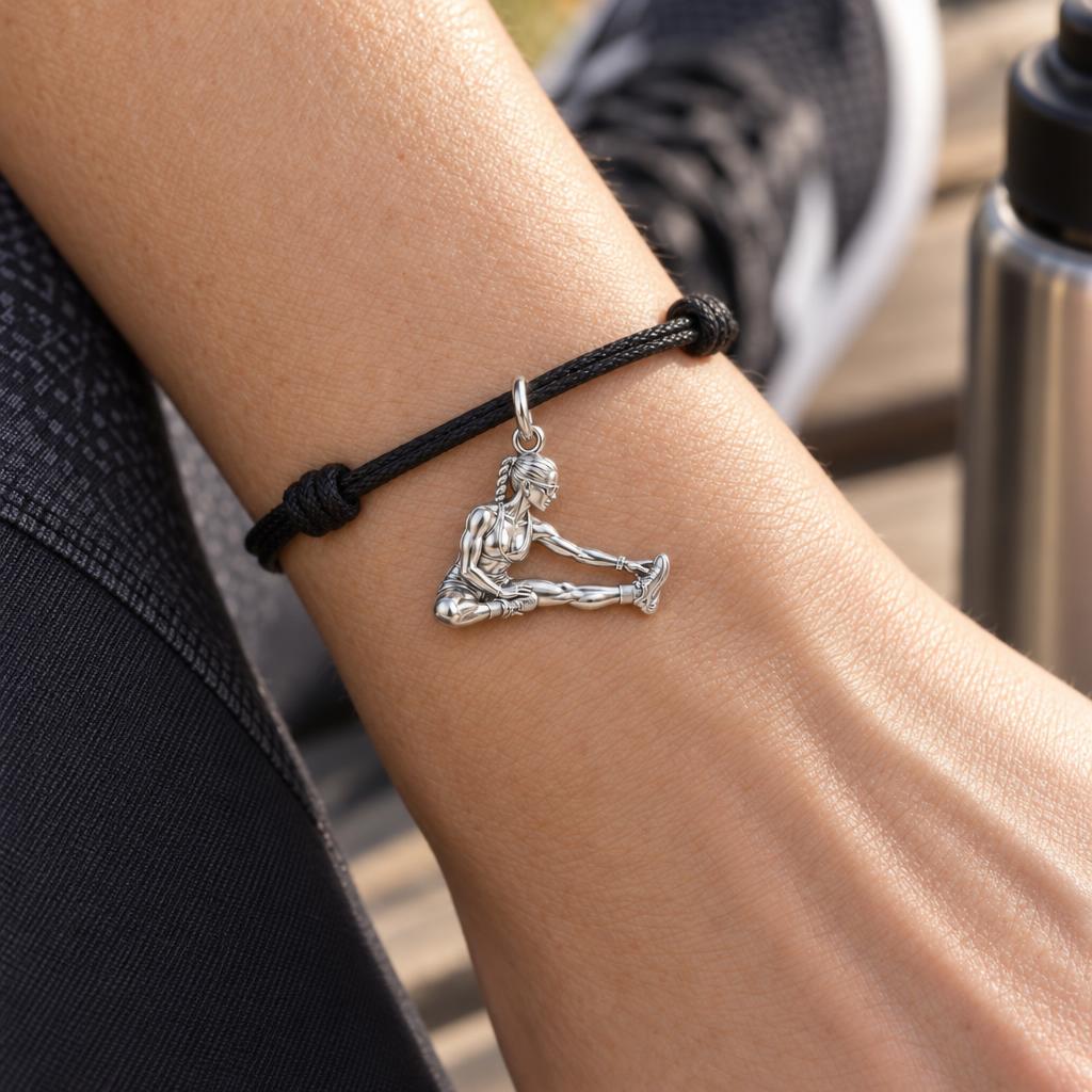 Custom Athlete in Motion Charm Bracelet – Personalized Athlete Gift – worn on the wrist on a black cord bracelet