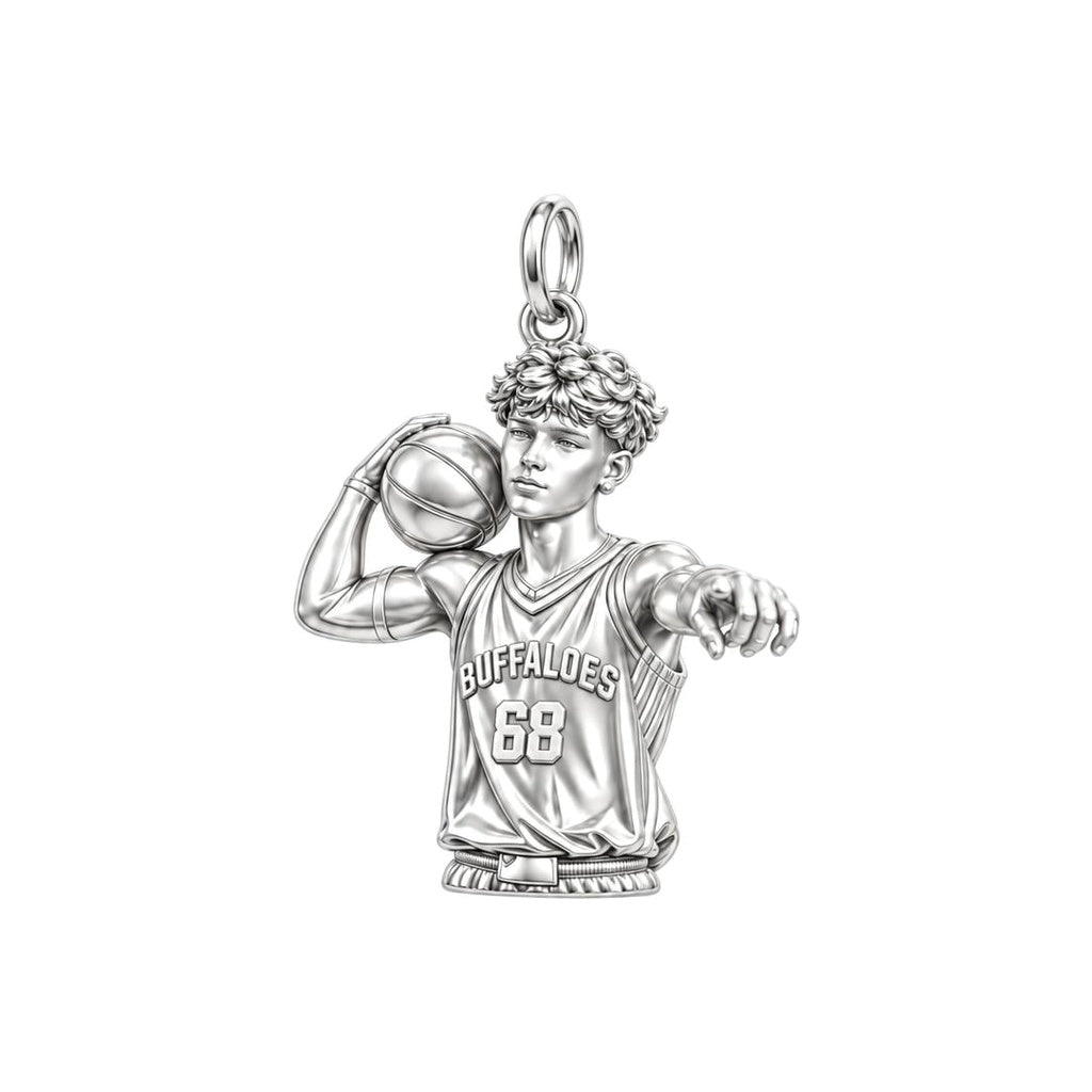 Custom Basketball Star Charm Bracelet – Personalized Athlete Gift – silver charm, front view
