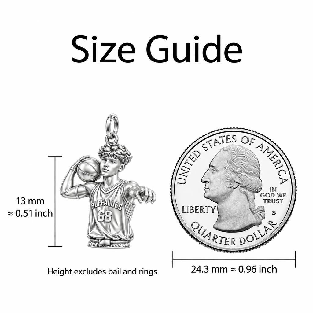 Custom Basketball Star Charm Bracelet – Personalized Athlete Gift – size guide, 13 mm charm next to a quarter